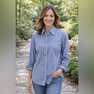 J. McLaughlin Blue Button Down Striped Blouse Shirt Size 14 or Large/XL